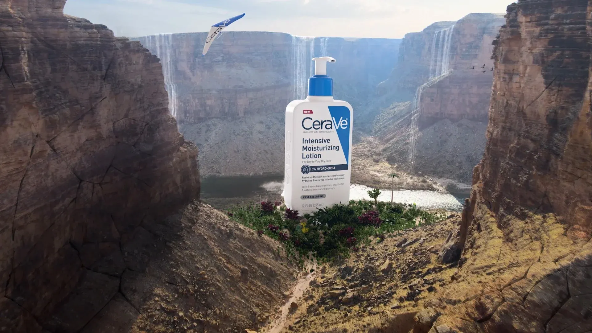 CeraVe lotion bottle standing in a canyon with waterfalls.
